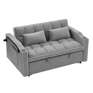 English Elm 64.56 Inch Grey Velvet Futon Sofa Bed with USB Port Swivel Stand and Sinuous Spring Support W2353P556660