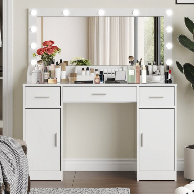 English Elm 47.2Vanity Desk with Lighted Mirror 3 Drawers and Cabinets for Bedroom Dressing Room W2386P200084