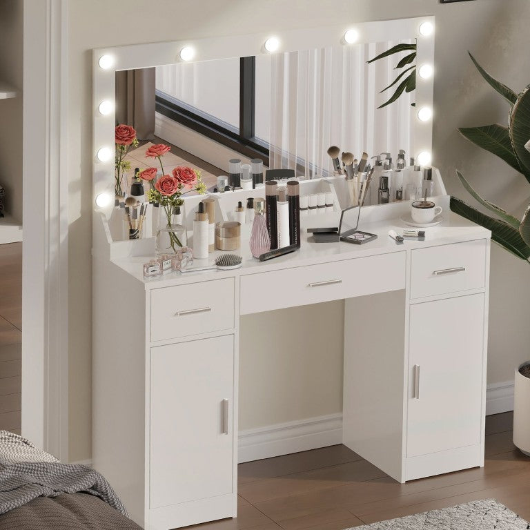 English Elm 47.2Vanity Desk with Lighted Mirror 3 Drawers and Cabinets for Bedroom Dressing Room W2386P200084