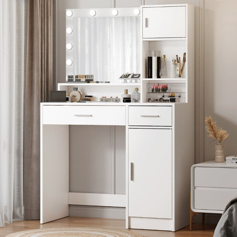 English Elm Vanity Desk with Lighted Mirror Three Tier MDF Storage for Bedroom Makeup Space W2386P535039
