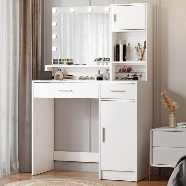 English Elm Vanity Desk with Lighted Mirror Three Tier MDF Storage for Bedroom Makeup Space W2386P535039