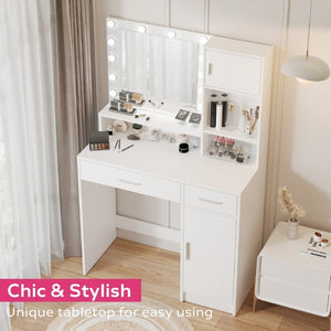 English Elm Vanity Desk with Lighted Mirror Three Tier MDF Storage for Bedroom Makeup Space W2386P535039