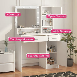 English Elm Vanity Desk with Lighted Mirror Three Tier MDF Storage for Bedroom Makeup Space W2386P535039