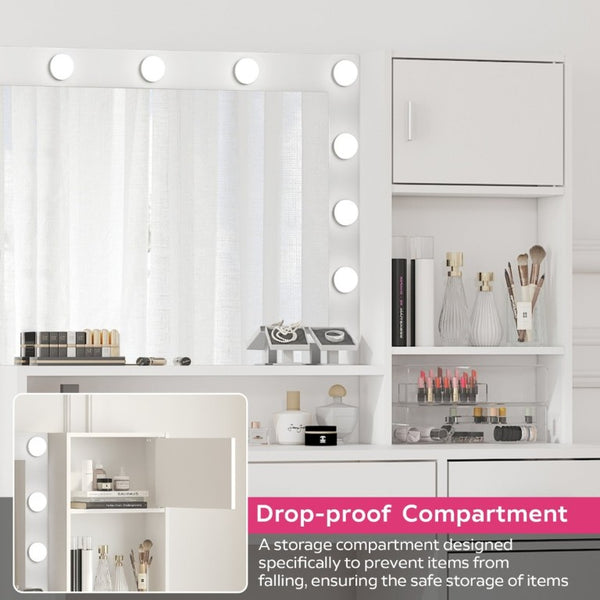English Elm Vanity Desk with Lighted Mirror Three Tier MDF Storage for Bedroom Makeup Space W2386P535039