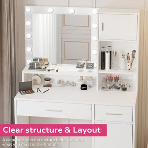 English Elm Vanity Desk with Lighted Mirror Three Tier MDF Storage for Bedroom Makeup Space W2386P535039