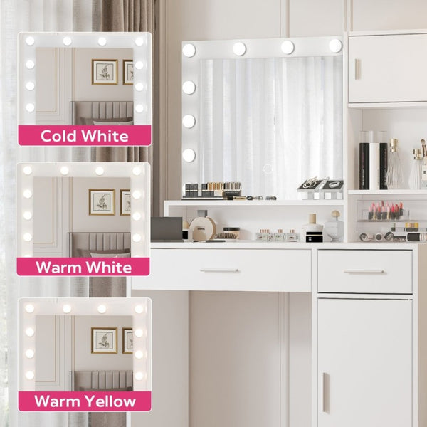 English Elm Vanity Desk with Lighted Mirror Three Tier MDF Storage for Bedroom Makeup Space W2386P535039