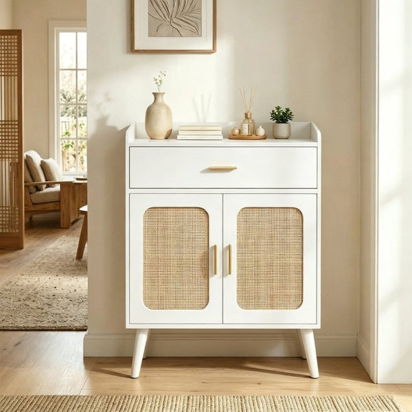 English Elm Kitchen Farmhouse Buffet Cabinet Solid Wood Feet One Drawer Enclosed Storage Sideboard White W2386P535117