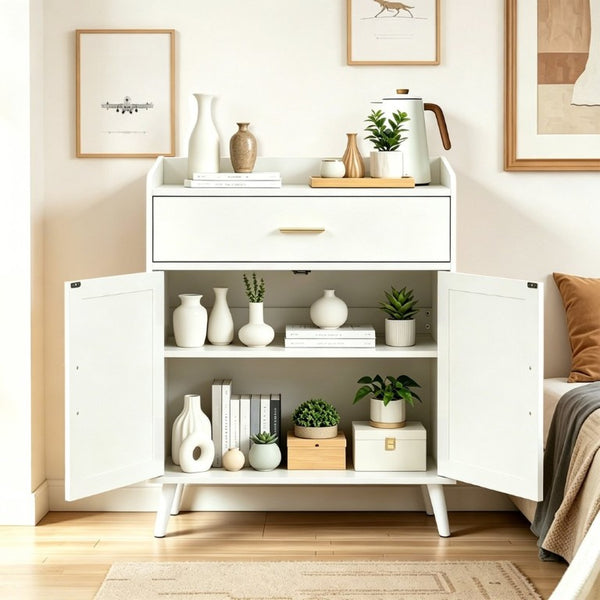 English Elm Kitchen Farmhouse Buffet Cabinet Solid Wood Feet One Drawer Enclosed Storage Sideboard White W2386P535117