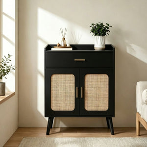 English Elm Kitchen Farmhouse Buffet Cabinet Solid Wood Feet One Drawer Enclosed Storage Sideboard Black W2386P535120