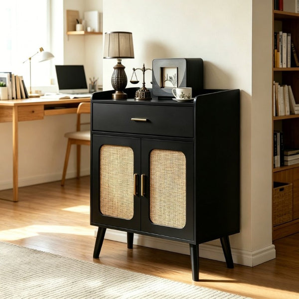 English Elm Kitchen Farmhouse Buffet Cabinet Solid Wood Feet One Drawer Enclosed Storage Sideboard Black W2386P535120