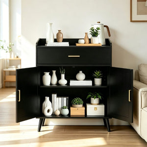 English Elm Kitchen Farmhouse Buffet Cabinet Solid Wood Feet One Drawer Enclosed Storage Sideboard Black W2386P535120