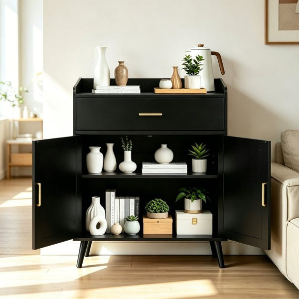 English Elm Kitchen Farmhouse Buffet Cabinet Solid Wood Feet One Drawer Enclosed Storage Sideboard Black W2386P535120