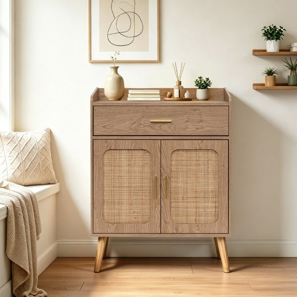 English Elm Kitchen Farmhouse Buffet Cabinet Solid Wood Feet One Drawer Enclosed Storage Sideboard Natural W2386P535122