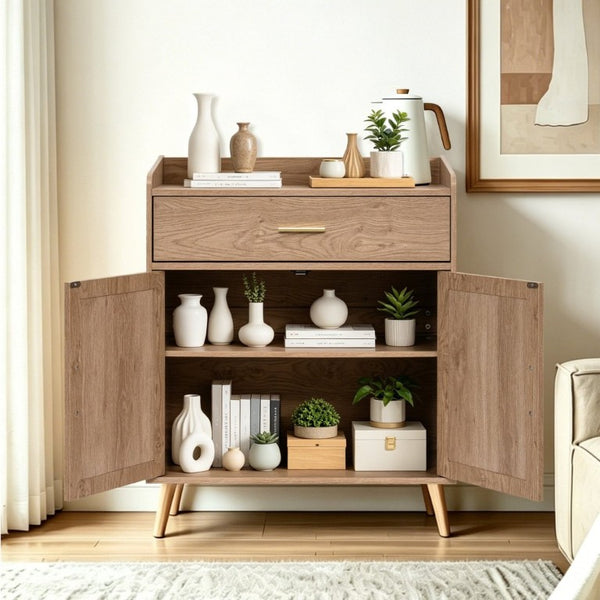 English Elm Kitchen Farmhouse Buffet Cabinet Solid Wood Feet One Drawer Enclosed Storage Sideboard Natural W2386P535122