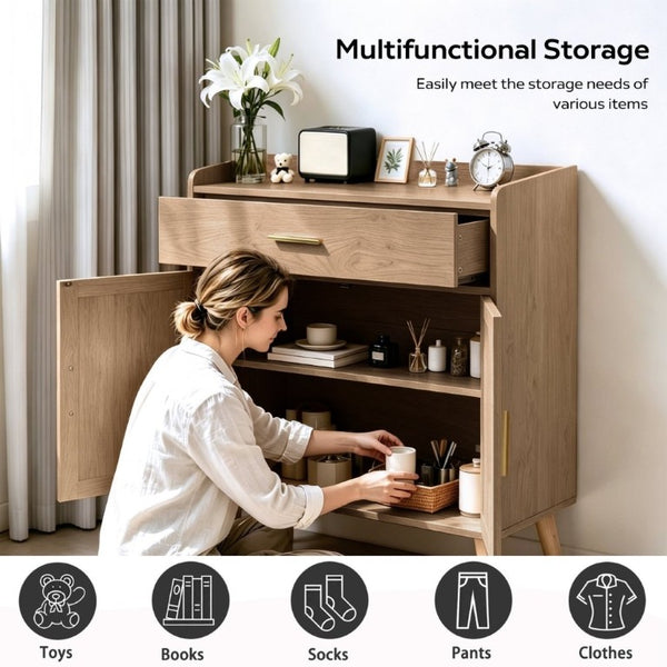English Elm Kitchen Farmhouse Buffet Cabinet Solid Wood Feet One Drawer Enclosed Storage Sideboard Natural W2386P535122