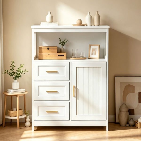 English Elm Kitchen Storage Cabinet Modern Buffet with Three Drawers Matte Wood Grain Sideboard White W2386P535128