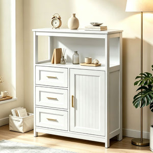 English Elm Kitchen Storage Cabinet Modern Buffet with Three Drawers Matte Wood Grain Sideboard White W2386P535128