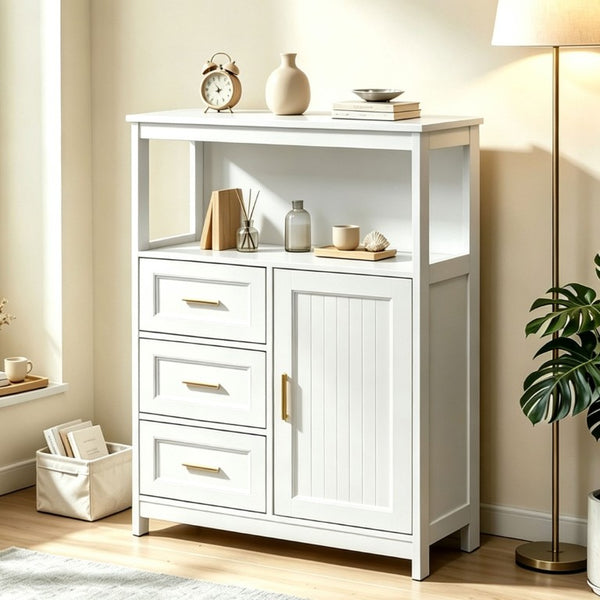 English Elm Kitchen Storage Cabinet Modern Buffet with Three Drawers Matte Wood Grain Sideboard White W2386P535128