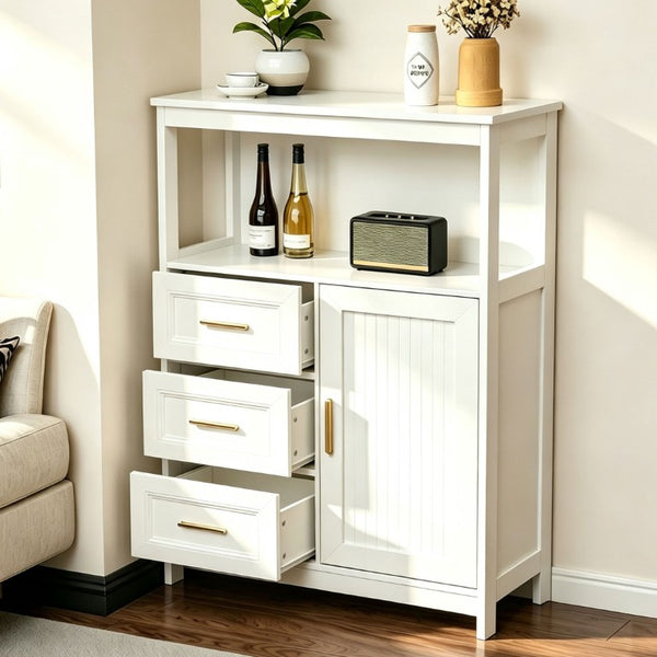 English Elm Kitchen Storage Cabinet Modern Buffet with Three Drawers Matte Wood Grain Sideboard White W2386P535128