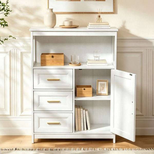 English Elm Kitchen Storage Cabinet Modern Buffet with Three Drawers Matte Wood Grain Sideboard White W2386P535128