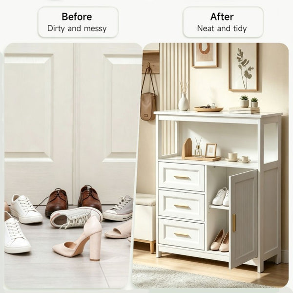 English Elm Kitchen Storage Cabinet Modern Buffet with Three Drawers Matte Wood Grain Sideboard White W2386P535128