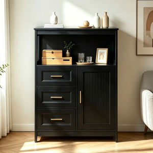 English Elm Kitchen Storage Cabinet Modern Buffet with Three Drawers Matte Wood Grain Sideboard Black W2386P535131