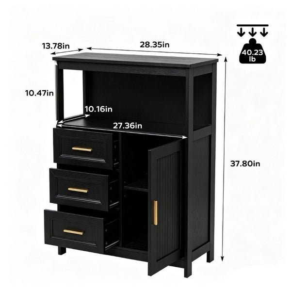 English Elm Kitchen Storage Cabinet Modern Buffet with Three Drawers Matte Wood Grain Sideboard Black W2386P535131