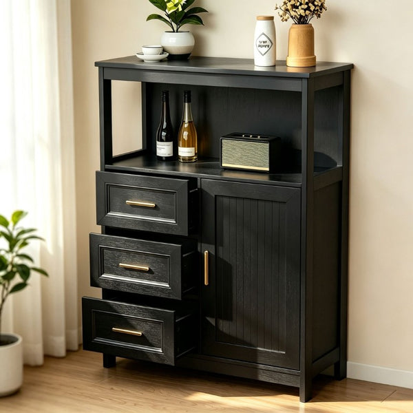 English Elm Kitchen Storage Cabinet Modern Buffet with Three Drawers Matte Wood Grain Sideboard Black W2386P535131
