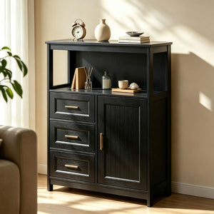 English Elm Kitchen Storage Cabinet Modern Buffet with Three Drawers Matte Wood Grain Sideboard Black W2386P535131