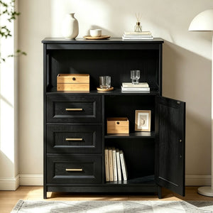 English Elm Kitchen Storage Cabinet Modern Buffet with Three Drawers Matte Wood Grain Sideboard Black W2386P535131