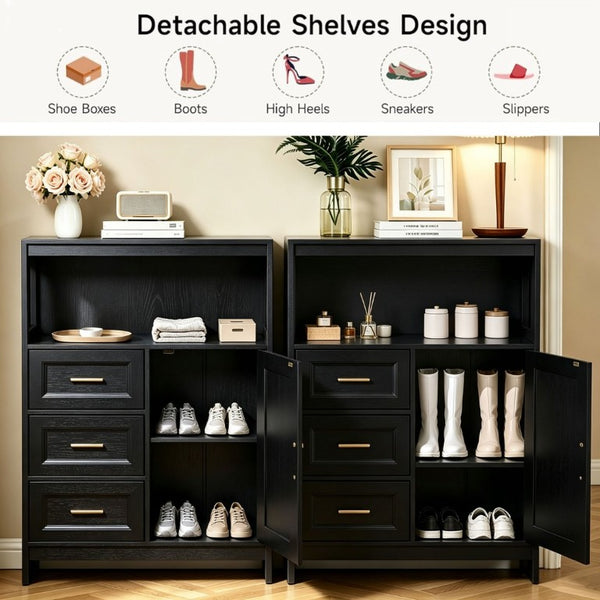 English Elm Kitchen Storage Cabinet Modern Buffet with Three Drawers Matte Wood Grain Sideboard Black W2386P535131