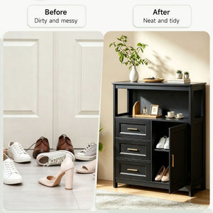 English Elm Kitchen Storage Cabinet Modern Buffet with Three Drawers Matte Wood Grain Sideboard Black W2386P535131