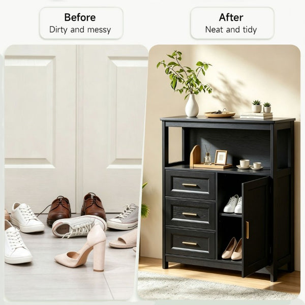English Elm Kitchen Storage Cabinet Modern Buffet with Three Drawers Matte Wood Grain Sideboard Black W2386P535131