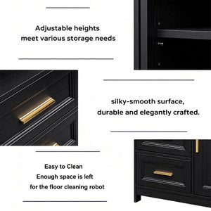 English Elm Kitchen Storage Cabinet Modern Buffet with Three Drawers Matte Wood Grain Sideboard Black W2386P535131