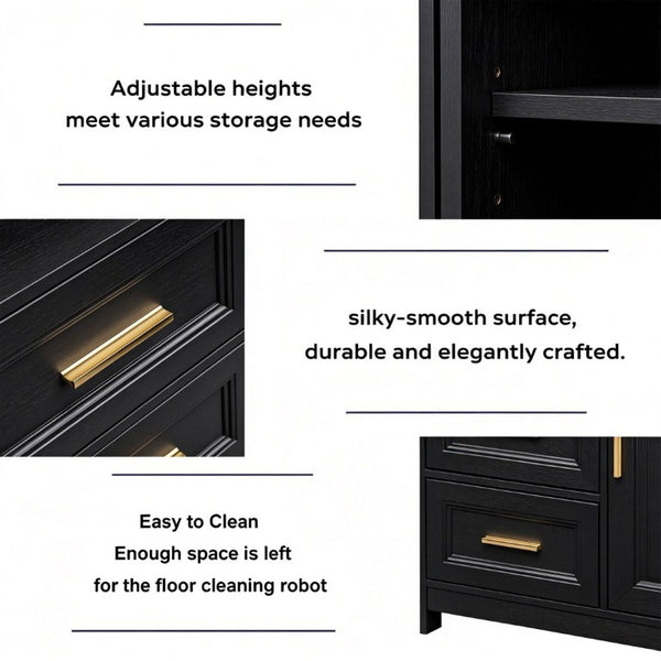 English Elm Kitchen Storage Cabinet Modern Buffet with Three Drawers Matte Wood Grain Sideboard Black W2386P535131