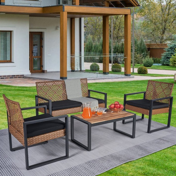 English Elm 4-Piece Outdoor Patio Set Acacia Wood Top Woven Rattan Steel Frame Balcony Lounge W2391P149818