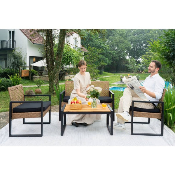 English Elm 4-Piece Outdoor Patio Set Acacia Wood Top Woven Rattan Steel Frame Balcony Lounge W2391P149818