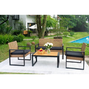 English Elm 4-Piece Outdoor Patio Set Acacia Wood Top Woven Rattan Steel Frame Balcony Lounge W2391P149818