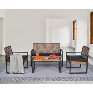 English Elm 4-Piece Outdoor Patio Set Acacia Wood Top Woven Rattan Steel Frame Balcony Lounge W2391P149818