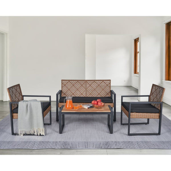 English Elm 4-Piece Outdoor Patio Set Acacia Wood Top Woven Rattan Steel Frame Balcony Lounge W2391P149818
