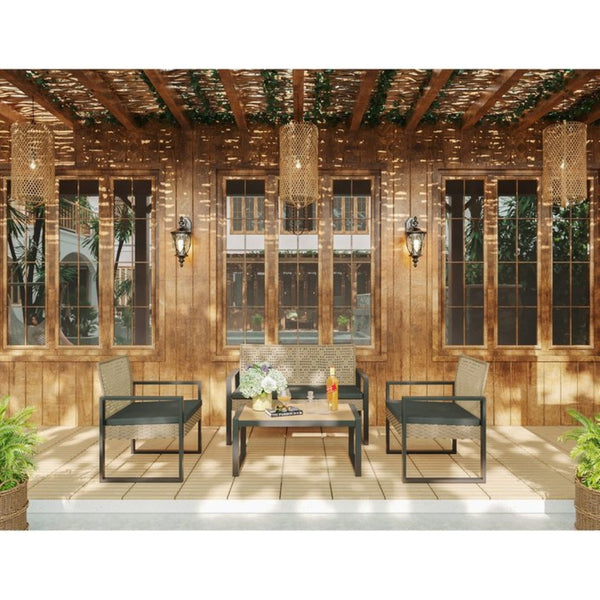English Elm 4-Piece Outdoor Patio Set Acacia Wood Top Woven Rattan Steel Frame Balcony Lounge W2391P149818