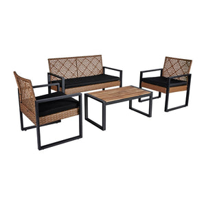 English Elm 4-Piece Outdoor Patio Set Acacia Wood Top Woven Rattan Steel Frame Balcony Lounge W2391P149818