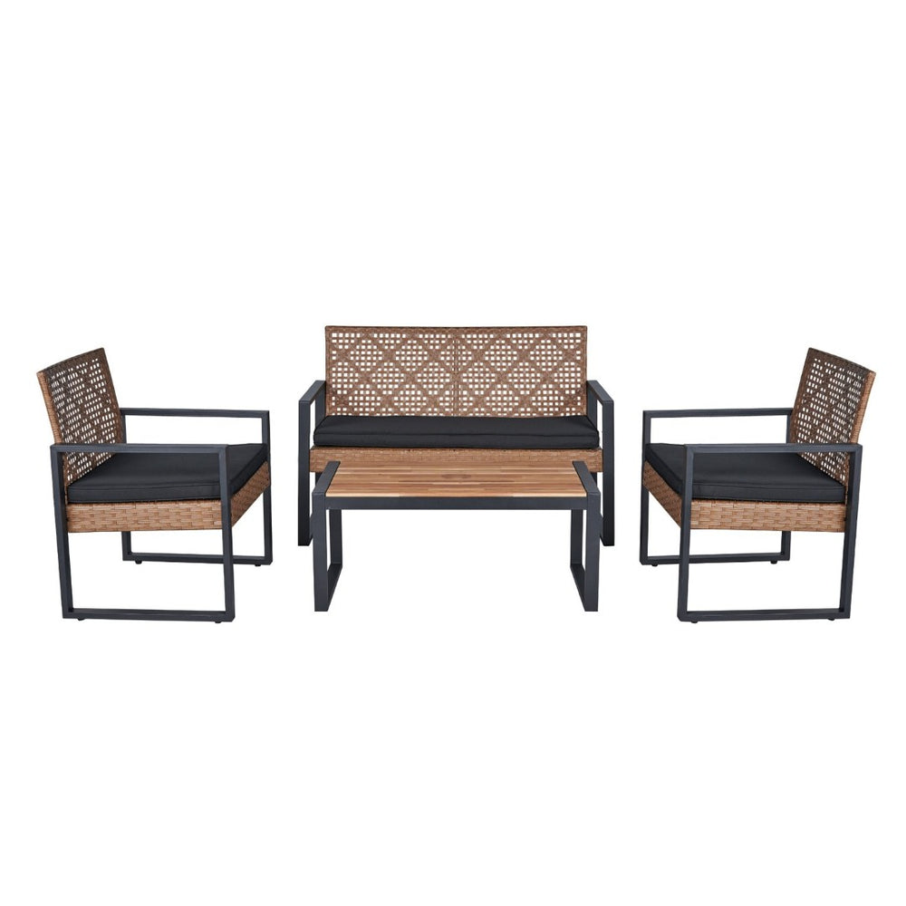 English Elm 4-Piece Outdoor Patio Set Acacia Wood Top Woven Rattan Steel Frame Balcony Lounge W2391P149818
