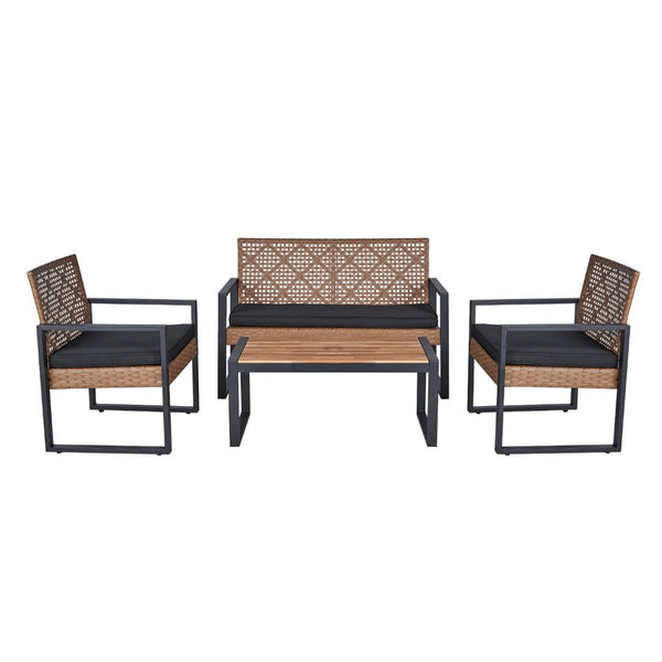 English Elm 4-Piece Outdoor Patio Set Acacia Wood Top Woven Rattan Steel Frame Balcony Lounge W2391P149818