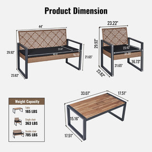 English Elm 4-Piece Outdoor Patio Set Acacia Wood Top Woven Rattan Steel Frame Balcony Lounge W2391P149818