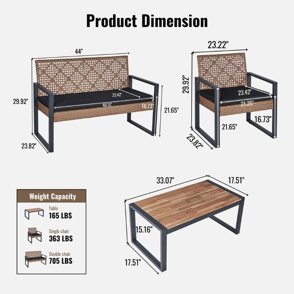 English Elm 4-Piece Outdoor Patio Set Acacia Wood Top Woven Rattan Steel Frame Balcony Lounge W2391P149818