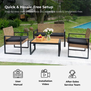 English Elm 4-Piece Outdoor Patio Set Acacia Wood Top Woven Rattan Steel Frame Balcony Lounge W2391P149818