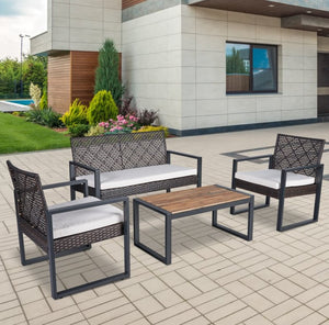 English Elm 4-Piece Outdoor Conversation Set PE Rattan Steel Frame Acacia Wood Patio Seating W2391P149819
