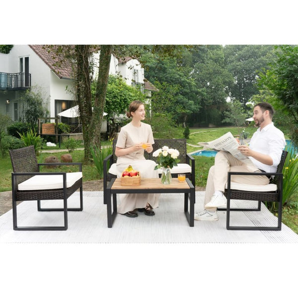 English Elm 4-Piece Outdoor Conversation Set PE Rattan Steel Frame Acacia Wood Patio Seating W2391P149819