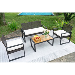 English Elm 4-Piece Outdoor Conversation Set PE Rattan Steel Frame Acacia Wood Patio Seating W2391P149819
